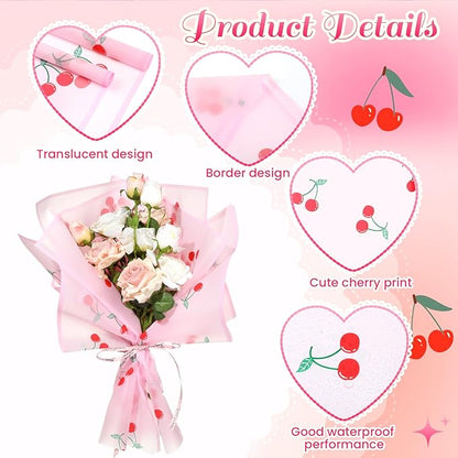 Liobelon 20 Sheets Flower Wrapping Paper Waterproof Bouquet Paper with Cherry Pattern Pink Gift Wrapping Paper for Flower Shop, Wedding, Birthday Party, Handmade DIY, Anniversary 22.8 x 22.8 Inch