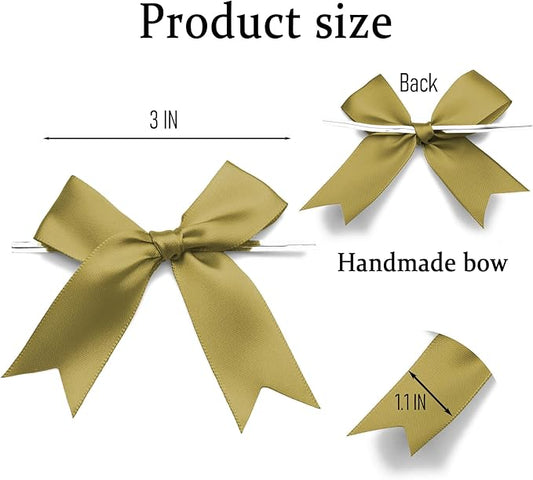 50 Counts Gold Twist Tie Bows 3.1" Pre-Tied Satin Ribbon Bow Decor Mini Twist Tie Bows for Gift Wrapping Treat Bags Cake Bridal Baby Shower Birthday Party Favors Wedding Decorations