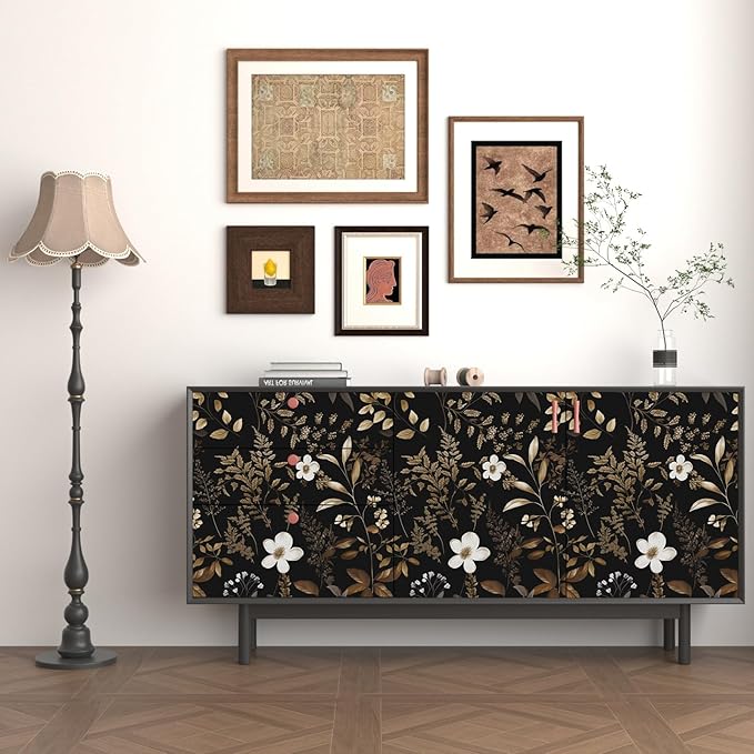 Boho Floral Wallpaper Peel and Stick Black Gold Wallpapers 17.5'' x 393'' Vintage Gold Leaf Contact Paper for Cabinets Waterproof Self Adhesive Removable Wall Paper for Kitchen Table Countertop Walls