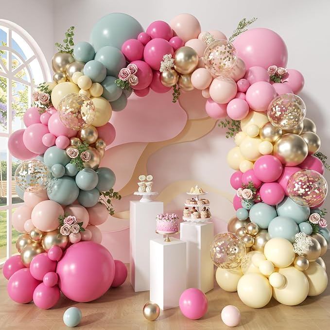 Pastel Balloon Arch Kit, 152Pcs Dusty Green Rose Pink Pastel Pink Orange Yellow Gold Confetti Balloons for Baby Bridal Shower Wedding Engagement Birthday Party Decorations
