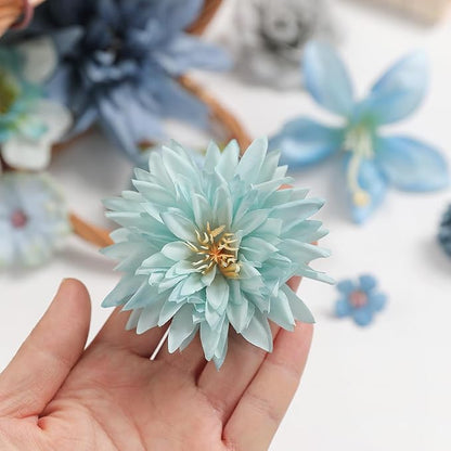 Artificial Flowers Heads Combo Blue Flowers Mix Silk Flowers Heads Bulk Faux Rose for Craft Garland Graduation Cap Wedding Bridal Baby Shower Home Party Decoration DIY Cake Decor