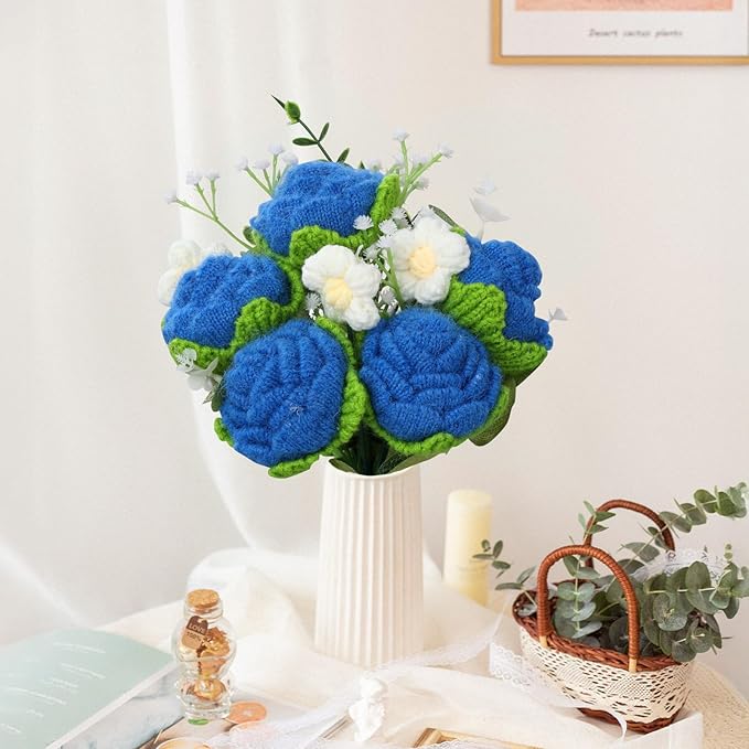 Foyucool Crochet Flowers Bouquet, Handmade Knitted Rose Bouquet with Gift Bag for Home Deocor, Crocheted Finished Flower for Wedding, Mother's Day, Teachers' Day and Valentine's Day, Blue