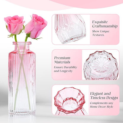 Glass Bud Vases Set of 12,Pink Bud Vases in Bulk,Small Flower Vase for Centerpiece,Mini Vintage Vase for Wedding Home Room Office Table Decor(Pink)