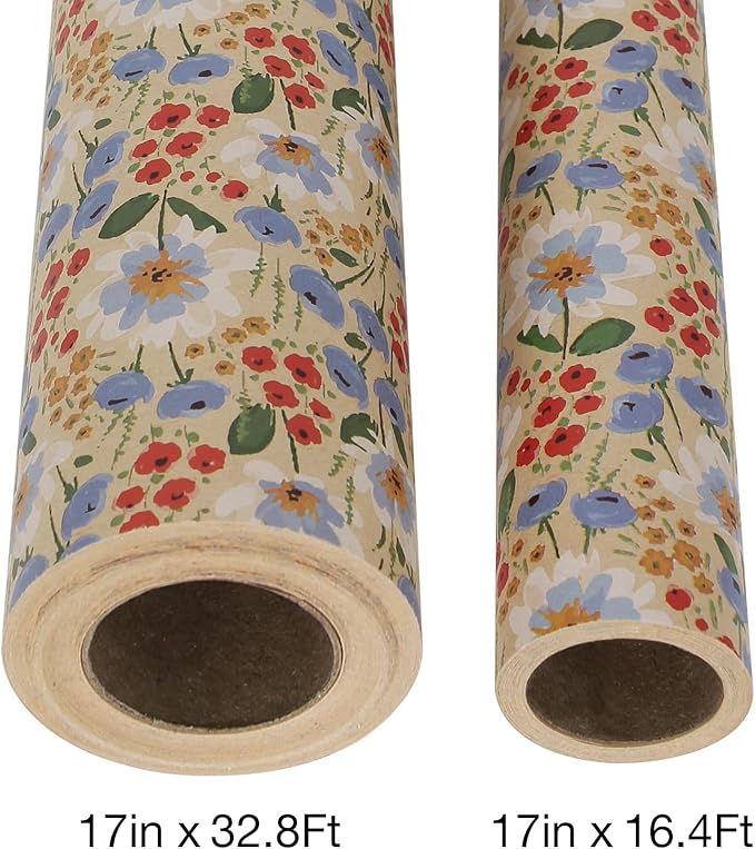 Aimyoo Watercolor Floral Kraft Wrapping Paper Roll, 17 inch x 16.4 ft All Occasion Vintage Flower Gift Wrap for Wedding Birthday Bridal Shower