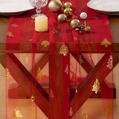 Socomi Christmas Tree Table Runner Gold Gauze Sheer Chiffon Cheesecloth Sequin 10FT Glitter Metallic Foil Dining Wedding Birthday Party Winter Holiday Centerpiece Table Decor Red