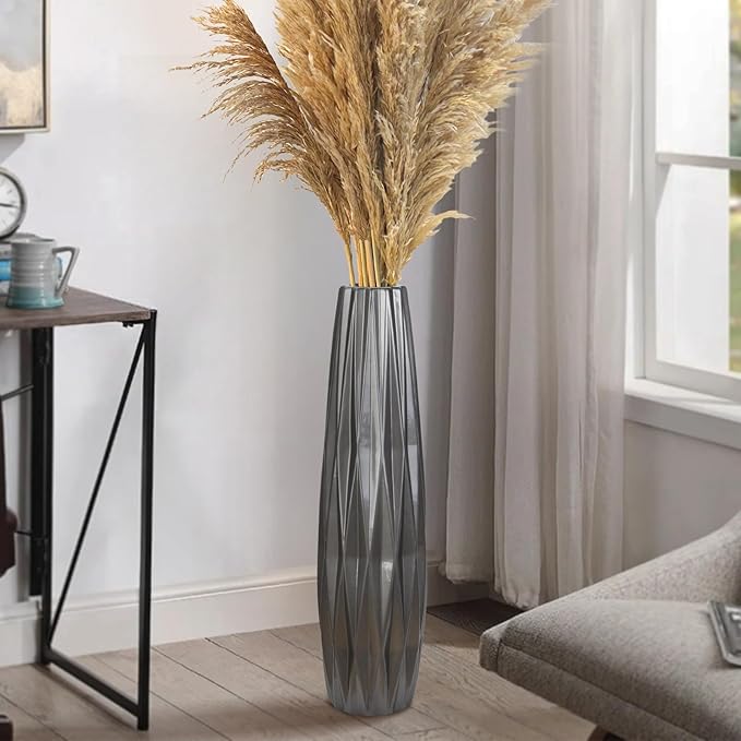 Silvery Ceramic Tall Floor Vase,28 Inch Large Modern Flower Vases for Home Décor,Wicker Big Floor Vases Decorations for Farmhouse, Living Room,Bedroom,Standing Plastic Vase Decorative Tall