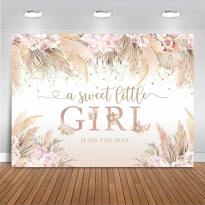 Mocsicka Boho Hello Baby Backdrop Boho Chic Pink Flowers Baby Shower Background A Sweet Little Girl is on The Way Party Cake Table Decorations Photo Booth (10x6.5ft)