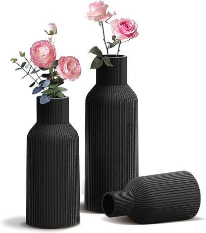 Black Ceramic Vases Set of 3, Black Ribbed Decorative Vases - Table Centerpieces for Wedding, Living Room, Office & Shelf Decor