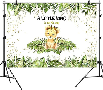 7x5ft Baby Shower Backdrop A Little King is On His Way Photography Background Lion Crown Jungle Forest Green Leaf Kid Birthday Party Banner Decorations Newborn Portrait Photo Booth Prop