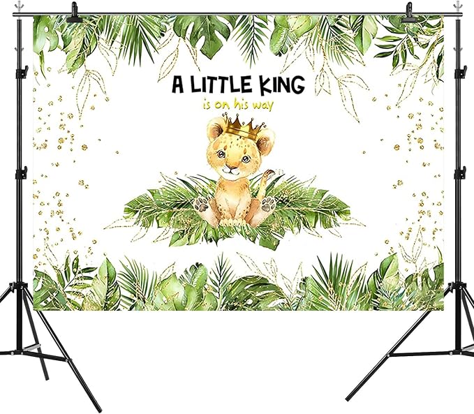 10x6.5ft Baby Shower Backdrop A Little King is On His Way Photography Background Lion Crown Jungle Forest Green Leaf Kid Birthday Party Banner Decorations Newborn Portrait Photo Booth Prop