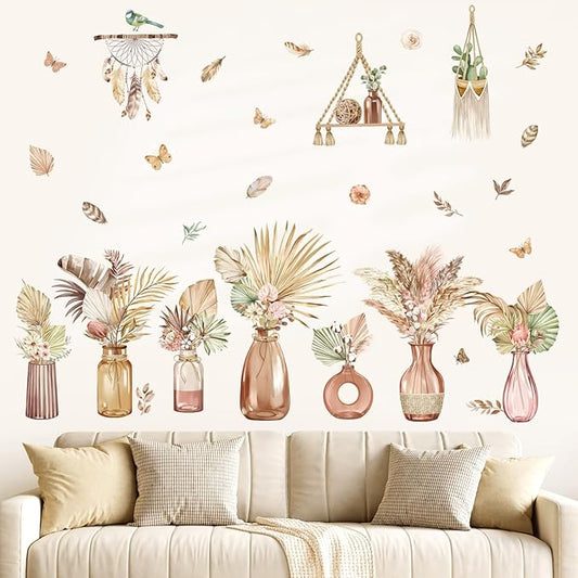 decalmile Boho Palm Leaves Wall Decals Flower Vase Tropical Plants Butterflies Wall Stickers Bedroom Living Room Sofa TV Background Wall Décor