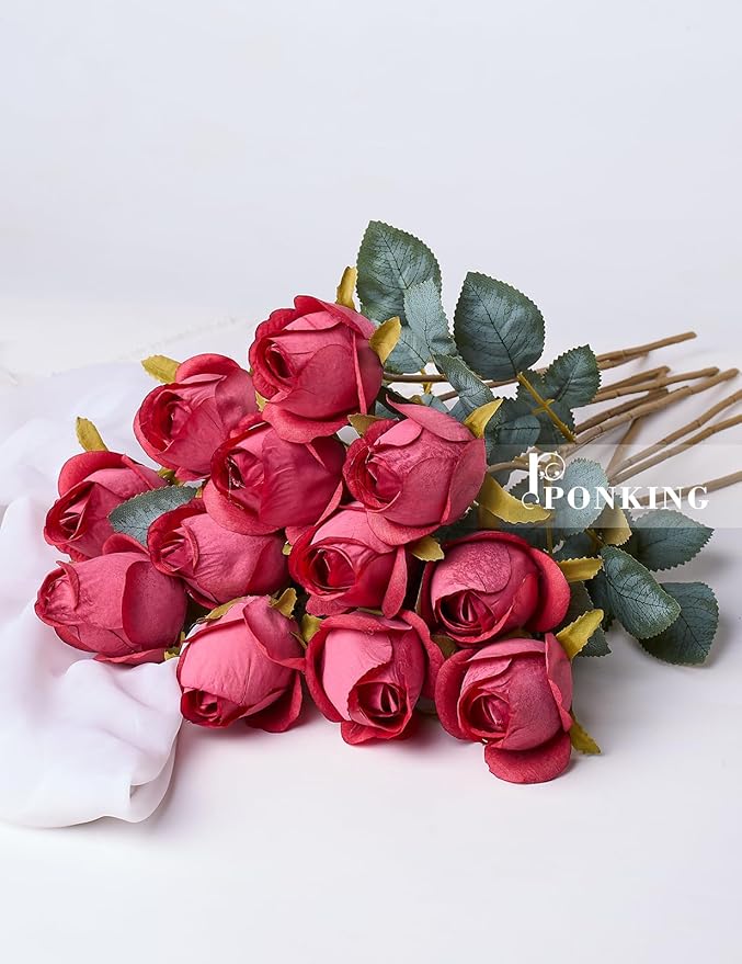 Red Rose Artificial Flower Buds 12pcs Realistic Faux Silk Roses Fake Flowers Bouquets Arrangements Decor for Wedding Spring Mother's Day, Home Table Decorations, Dark Magenta Flower
