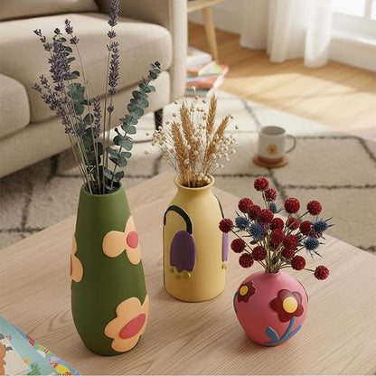 Vintage Ceramic Vase, Minimalist Texture Stone Patterned White Flower Vase, Decorative Vase for Living Room Shelf Farmhouse Dining Table Centerpiece Decor (Colorful Rustic-3 Pack)