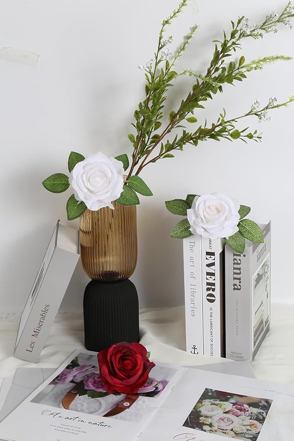20pcs White Roses Artificial Flowers Fake Roses Real Looking Silk Flowers Bulk Big Faux Roses with Stems for Wedding Centerpieces Table Home Party Decor Bridal Floral Arrangements (White)