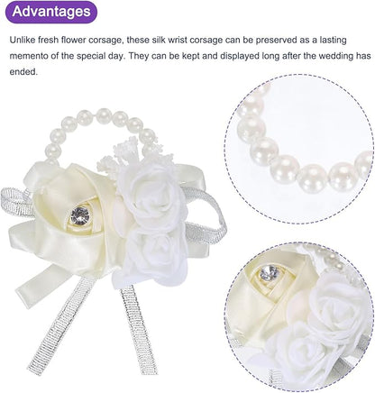 MECCANIXITY 3Pcs Wrist Corsage Artificial Flower Bracelets Rose Wrist Bride Groom Decorative for Wedding Ceremony Prom Party Anniversary Cream