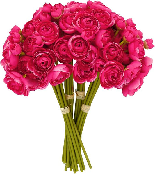 24 Pcs Ranunculus Artificial Flowers 10.5", Mini Faux Silk Ranunculus with Stem, Fake Flowers for Home Decor Indoor Wedding Bouquets Centerpieces (Hot Pink)