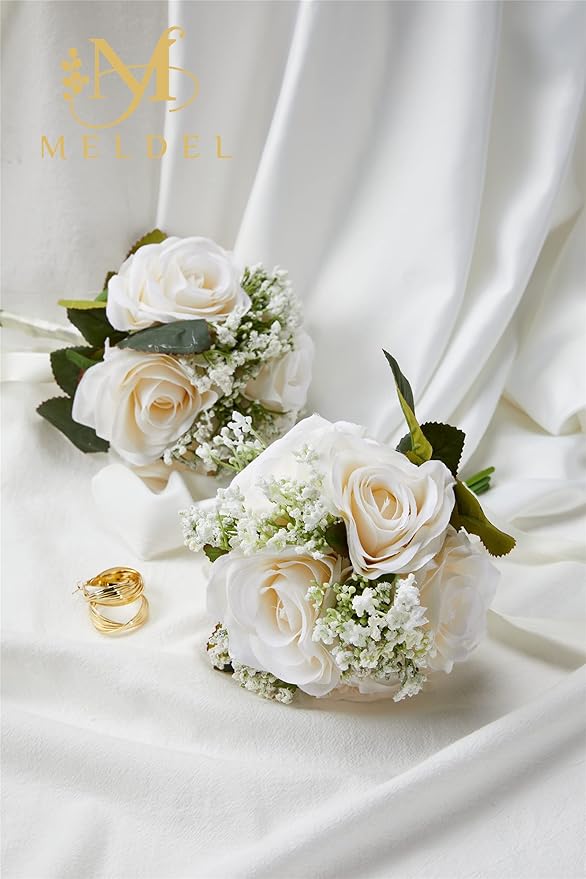 Meldel 2 x Artificial Silk Rose Bridesmaid Bouquets, 6.5'' Wide x 9.5'' Tall, Rustic Wedding Decor, Milk White, Set of 1, Ready to Use