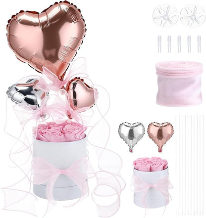 Pink Preserved Roses in Box 7 Preserved Forever Flower in a Round Box Last 1-3 Years with Heart Balloon Christmas Surprise Gift for Women Loved One Mom Valentines Anniversaries Need Assembly