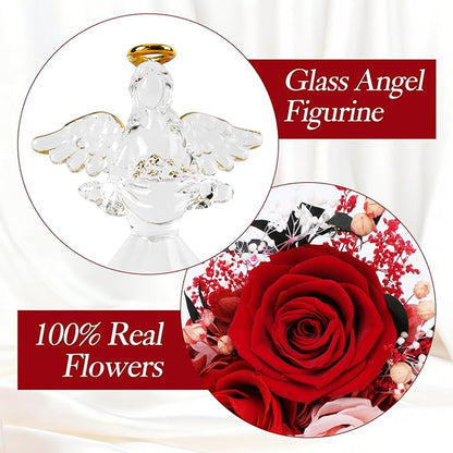 Christmas Rose Gifts for Women, 7" Red Preserved Roses Flowers in Glass Angel Figurine, Birthday Gift for Mom Wife Grandma, Eternal Rose for Mothers Day Valentines Anniversary
