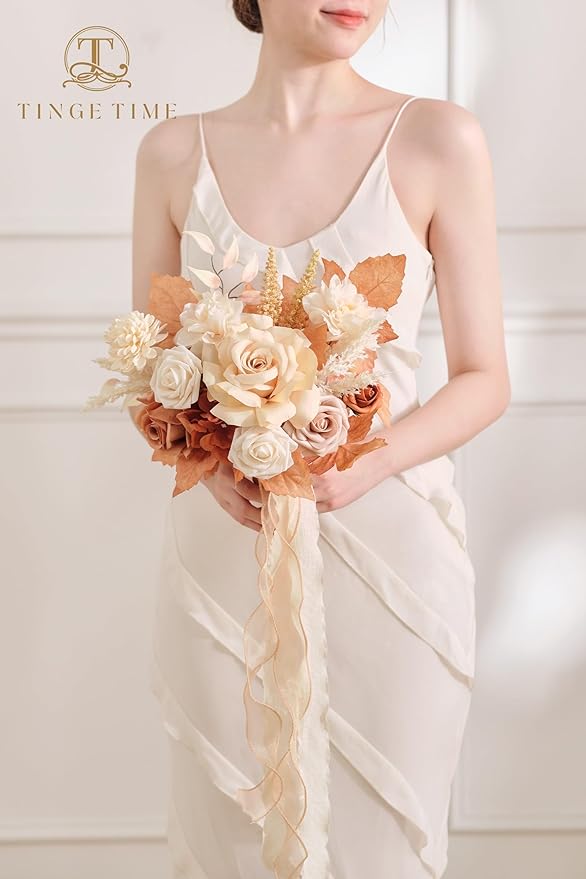 TINGE TIME 7inch Wedding Bouquets for Bridesmaid, Artificial Flowers Cascading Bridal Bouquet for Wedding (Burnt Orange & Champagne, Set of 4)