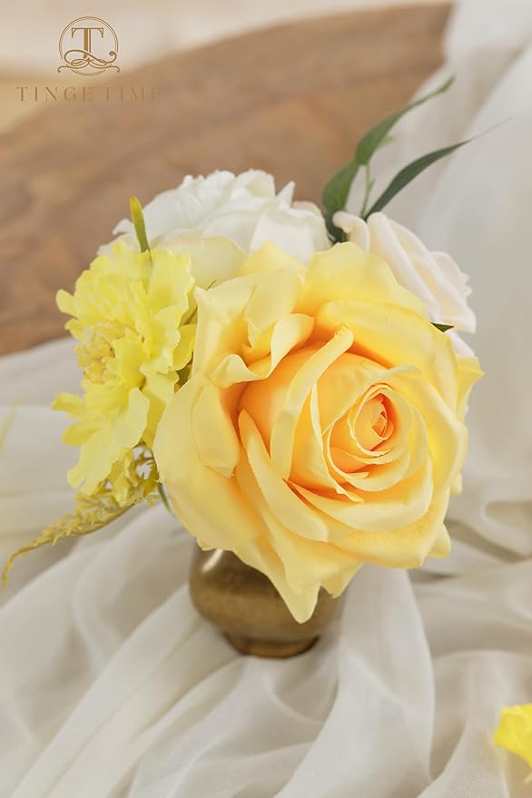 TINGE TIME Artificial Flowers Combo Mix Silk Flowers Yellow Roses w/stem for DIY Wedding Bridal Bouquets Baby Shower Floral Arrangement Table Centerpieces Home Decorations (Yellow & Champange)