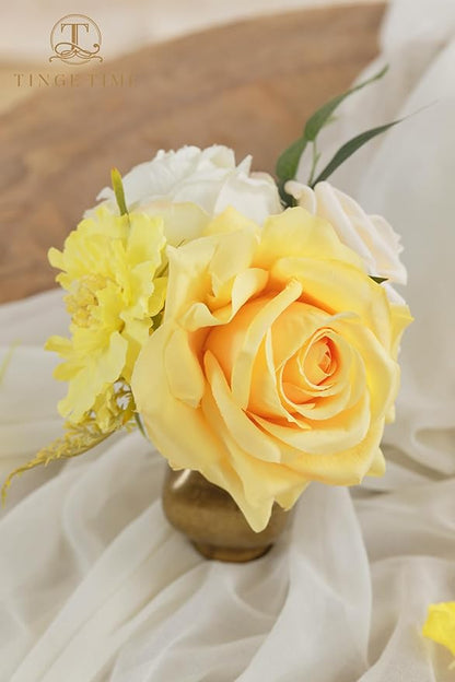 TINGE TIME Artificial Flowers Combo Mix Silk Flowers Yellow Roses w/stem for DIY Wedding Bridal Bouquets Baby Shower Floral Arrangement Table Centerpieces Home Decorations (Yellow & Champange)