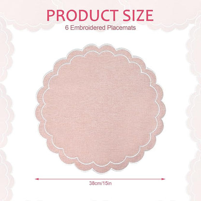 Set of 8 Cotton Linen Placemats, 15x15 Scalloped Flower Embroidery Cloth Table Mats Double Layered Fabric Machine Washable Wrinkle Free Dining Placemat for Hotel Restaurant Kitchen Decor, Pink