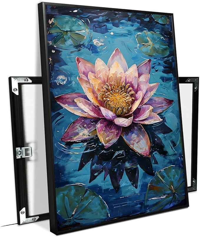 Gorgeous pink and purple water lilies on deep blue water Eye-catching oil painting Serene aquatic wall art for modern home decor 16x24in Metal blackFramed