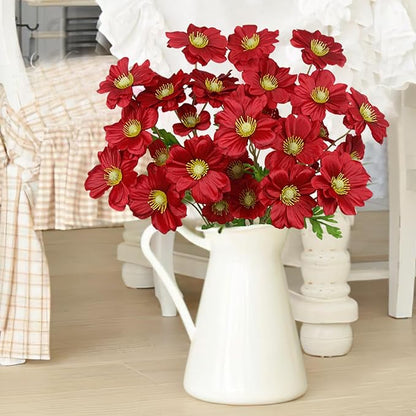 5 Pcs Artificial Flowers with Stems Faux Daisy Flowers Bouquet Red Gardenia Silk Flowers for Home Decor Indoor Vase Outdoors Balcony Table Centerpiece Outside Floral Arrangements Wedding