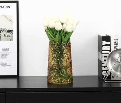 Amber Glass Vase, Flower Vases for Bouquet, Modern Glass Vase for Flowers, Large Vases for Living Room, Bedroom, Kitchen, Office, Wedding, Dining Table, 8 Inches