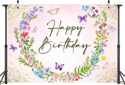 Sensfun Wildflower Happy Birthday Backdrop Banner WildFlower Birthday Decorations,Spring Floral Butterfly Photography Background for Girls Wildflower 1st Birthday Party Decor Photo Booth Prop 10x6.5ft