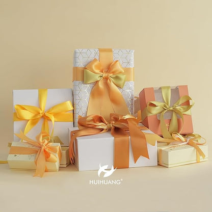 HUIHUANG Gold Ribbon for Gift Wrapping 1-1/2 inch Double-Faced Gold Satin Silk Ribbon Assortment for Flower Bouquet, Crafts, Bows Making, Christmas Holiday Decor- 6 Rolls x 5 Yards/Roll