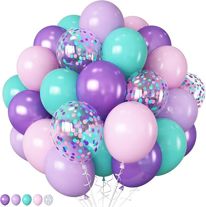 Mermaid Balloon Set 12 inch Purple Pink Teal Blue Latex Balloons with Confetti Teal Blue Purple Light Pink Latex Balloon for Girls Mermaid Under The Sea Birthday Baby Shower Party Decorations