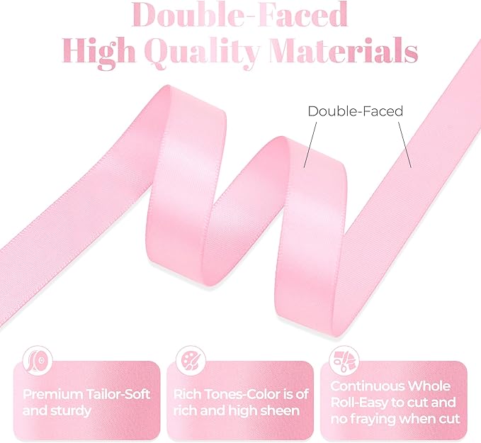 Pink Satin Ribbon, Double Faced 5/8 Inch X 25 Yards, Premium Satin Ribbon for Gift Wrapping, Crafts, Hair Bow Making, Sewing, Flower Bouquet, Wedding Party Decor
