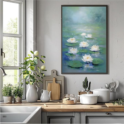 Zen wall art Delicate white lotus flower floating on calm water Vintage oil painting print Serene aquatic wall art creates a tranquil home decor 24x36in Metal blackFramed
