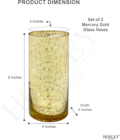 Hosley Set of 2 Mercury Gold Glass Vases – Elegant Flower Pots for Boho Decor, Wedding Gifts, Decorative Centerpieces, Hurricane Style Vase for Home, Events, and DIY Crafts