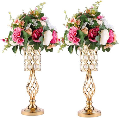 20in Metal Crystal Wedding Centerpiece Vases for Tables Set of 2, Gold Trumpet Flower Vase Stands for Wedding Party Reception Dining Room Living Room Décor