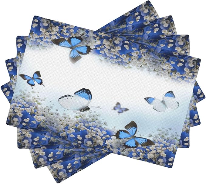 Blue Butterfly Flowers Placemats Set of 4,Spring Summer Flower Place Mats Washable for Kitchen Dining Table Heat Resistant Decorative Colth Table Mats 4 PCS, Style-3