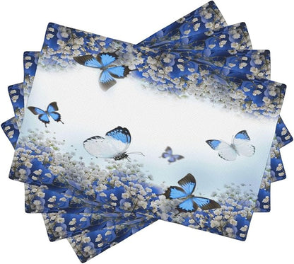 Blue Butterfly Flowers Placemats Set of 4,Spring Summer Flower Place Mats Washable for Kitchen Dining Table Heat Resistant Decorative Colth Table Mats 4 PCS, Style-3
