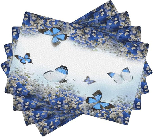 Blue Butterfly Flowers Placemats Set of 4,Spring Summer Flower Place Mats Washable for Kitchen Dining Table Heat Resistant Decorative Colth Table Mats 4 PCS, Style-3