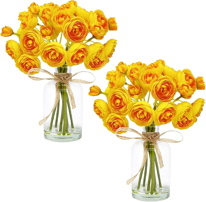 Ranunculus Artificial Flowers with Vase, 2 Pack - 8 Pcs Faux Silk Ranunculus Flower in Vase, Small Flowers Arrangements for Home Decor Indoor, Table Centerpiece. (Yellow)