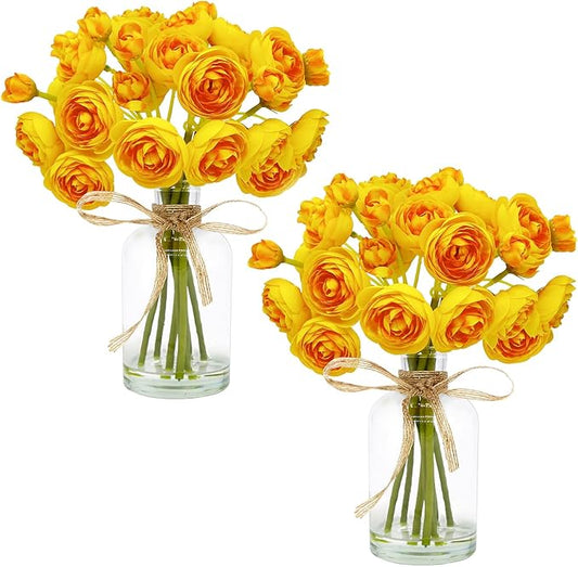 Ranunculus Artificial Flowers with Vase, 2 Pack - 8 Pcs Faux Silk Ranunculus Flower in Vase, Small Flowers Arrangements for Home Decor Indoor, Table Centerpiece. (Yellow)