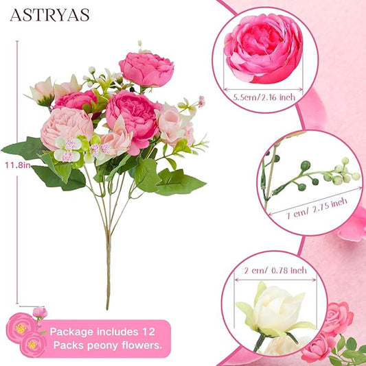 ASTRYAS 12Pcs Artificial Peony Flower Silk Peonies, Mixed Pink Artificial Peonies Flowers Fake Peonies Faux Peonies Bouquet for Centerpiece Table Wedding Party Home Decor