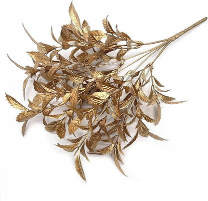 CATTREE Christmas Artificial Plants, Plastic Leaves Fake Grass Faux Shrubs Bushes for Home Indoor Outdoor Garden Leaf Wedding Festival Decoration Hall Table Golden Planter Filler - Gold 3 Pack