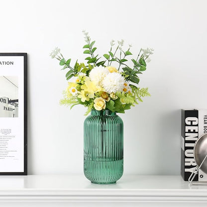 Ribbed Glass Vase, Green Flower Vase for Bouquet, Glass Vases for Flowers, Modern Vases for Living Room, Bedroom, Kitchen, Dining Table, Office, Wedding, 8.6 Inches