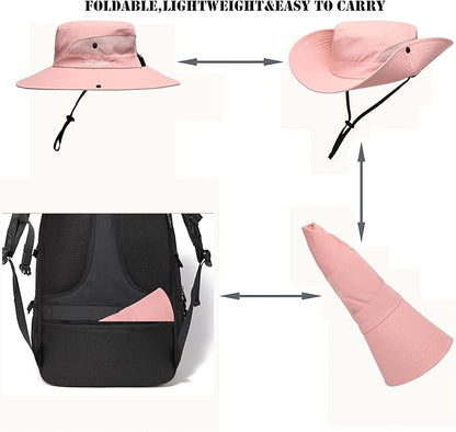 Womens Summer Sun Hat Beach Hat Wide Brim Outdoor UV Protection Hat Foldable Cool Mesh Ponytail Bucket Hat