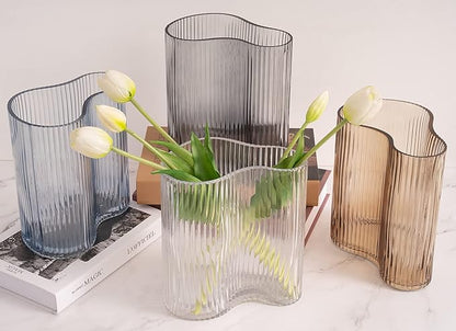 Glass Vase for Centerpieces,Modern Large Vase for Flowers,Footprint Shape Striped Bottle for Home,Office Restaurant Desk Decor 8.3 Inch (Clear)