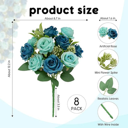 8 Pack Rose Artificial Flowers Bouquet, 10 Small Silk Rose Heads Per Pack, Fake Roses Bunches for Wedding Table Centerpieces Bridal Bouquet Mother's Day Valentine's Day Home Decor, Blue