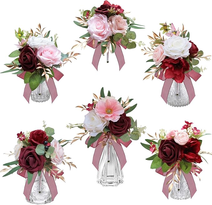 Marriwise Set of 6 Burgundy Red Assorted Wedding Flower Centerpieces Pre-Made Mini Bridesmaid Bouquets Artificial Floral Rose Table Decor for Wedding Decorations Shower Home Decor (Burgundy Red)