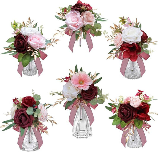Marriwise Set of 6 Burgundy Red Assorted Wedding Flower Centerpieces Pre-Made Mini Bridesmaid Bouquets Artificial Floral Rose Table Decor for Wedding Decorations Shower Home Decor (Burgundy Red)